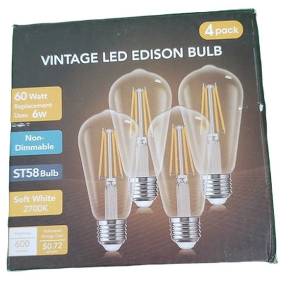 YANSUN UL Listed 6W 60W ST58 Edison LED Light Bulb Soft White 2700K (4-Pack) - Picture 4 of 5